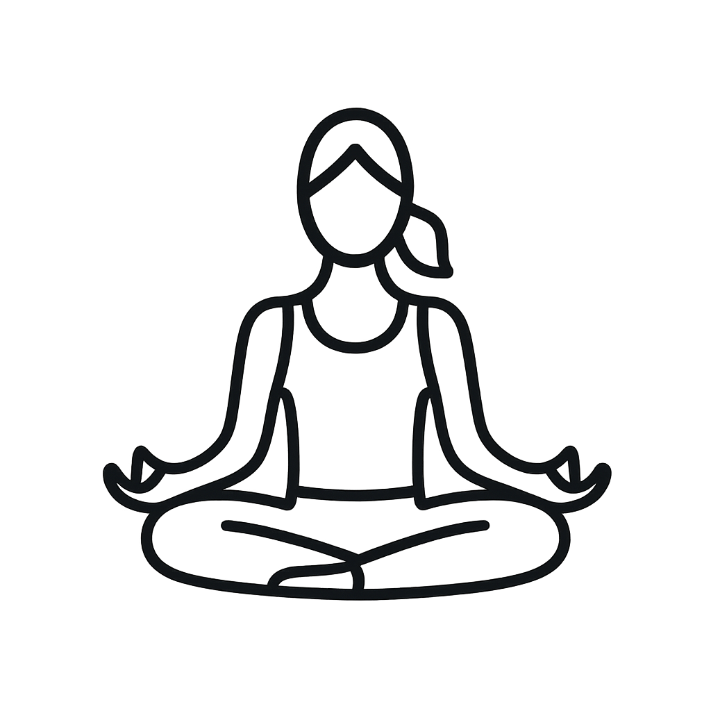 The image depicts a black line drawing of a person sitting cross-legged in meditation on a black background. The drawing i...